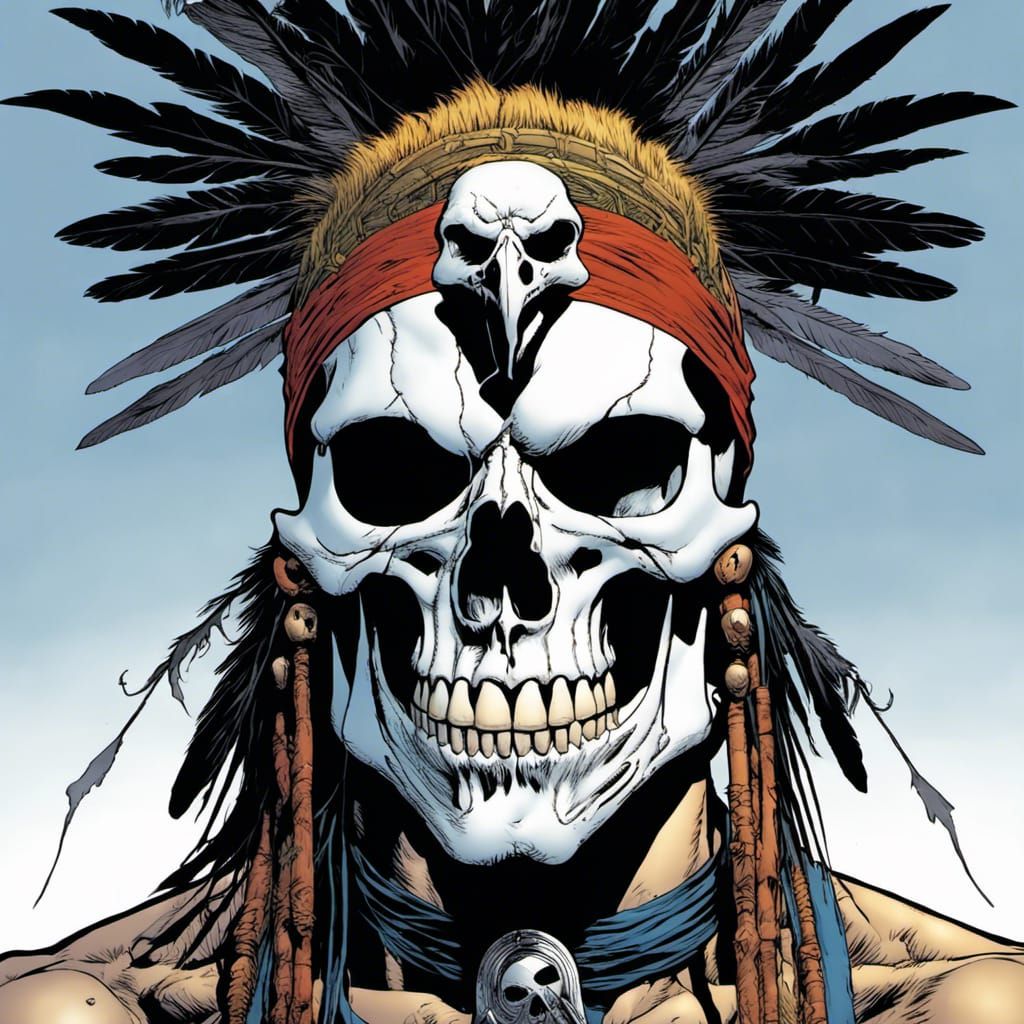 Amerindian Skull with Crow Headdress, Comic Book Art