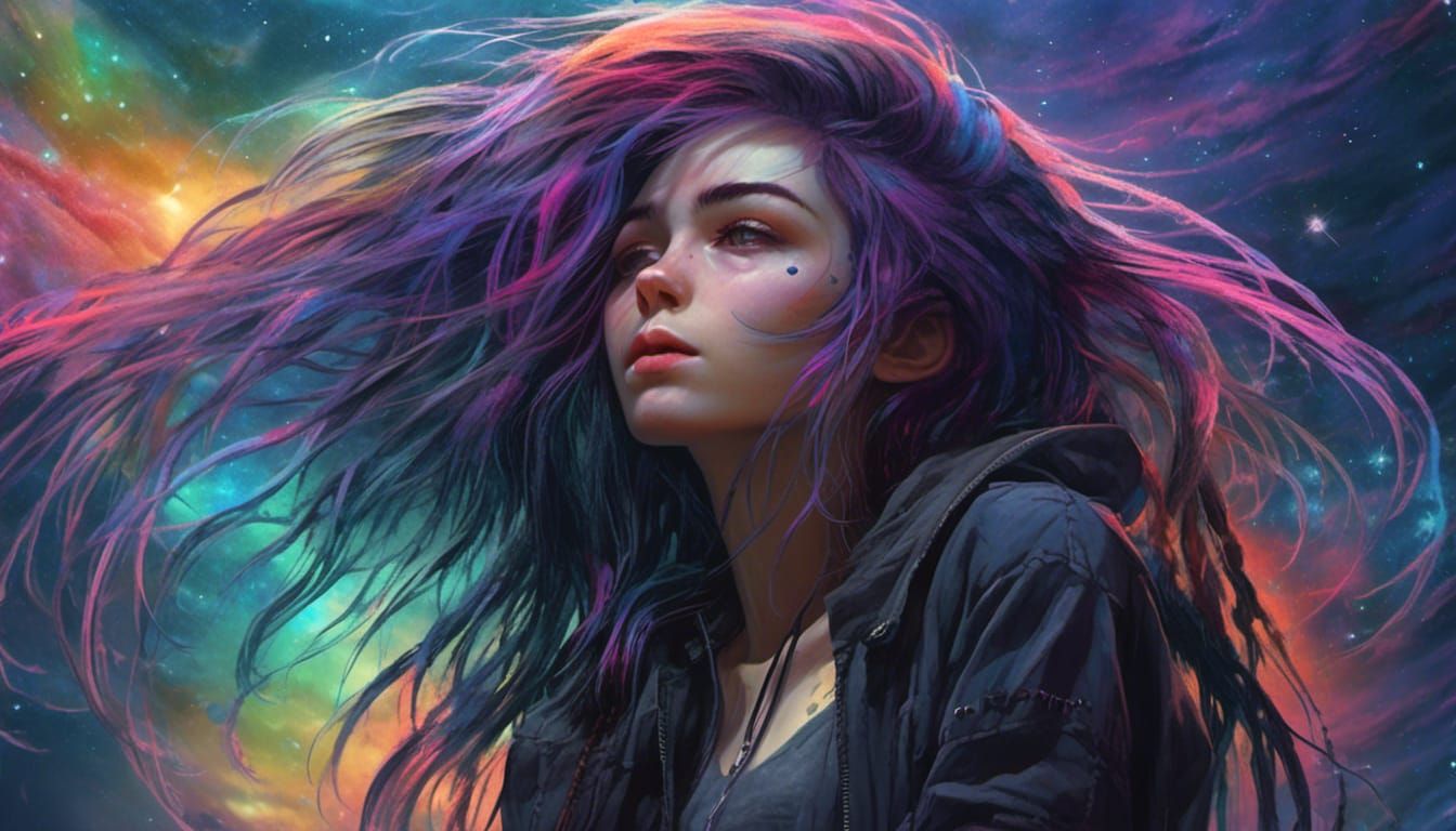 Cosmic Cyberpunk Hacker Girl with Rainbow Hair