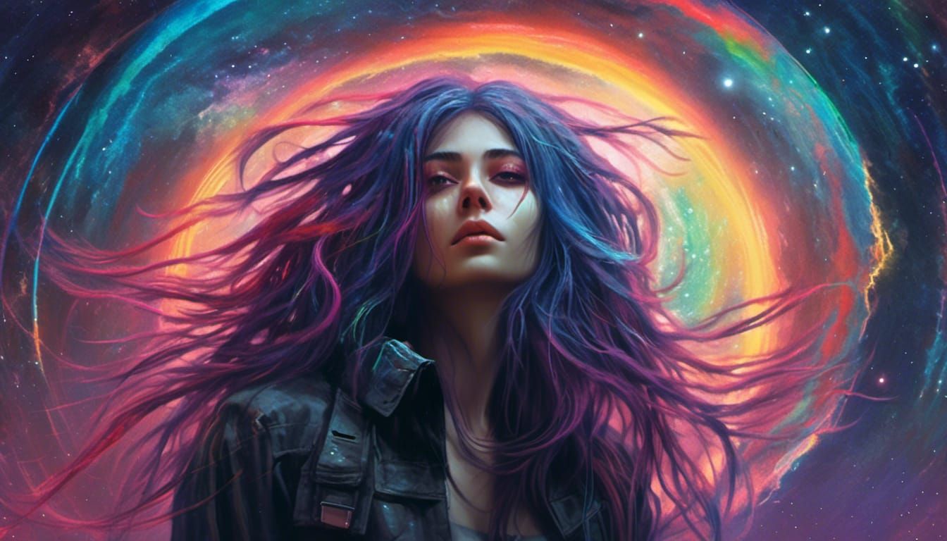 Cosmic Cyberpunk Hacker Girl with Rainbow Hair