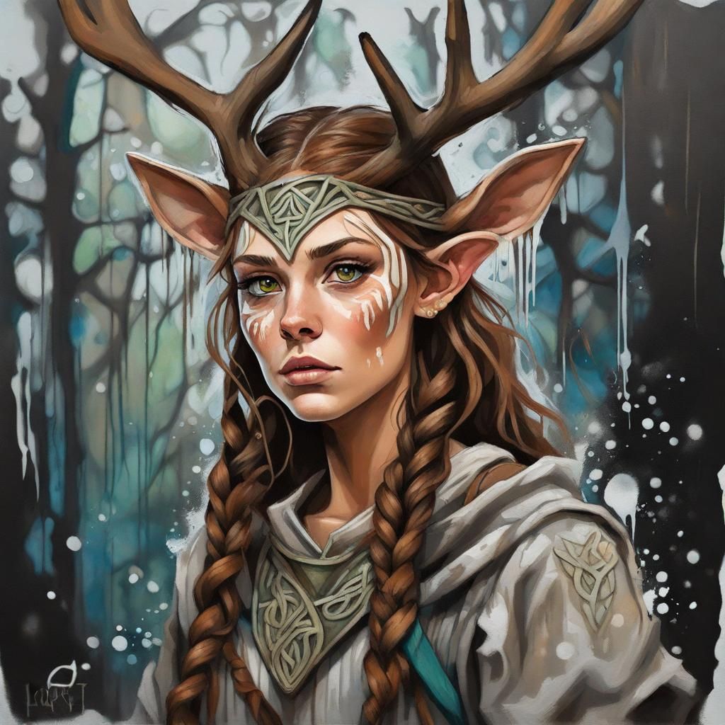 Wood Elf Druid with Antlers in Graffiti Art Style