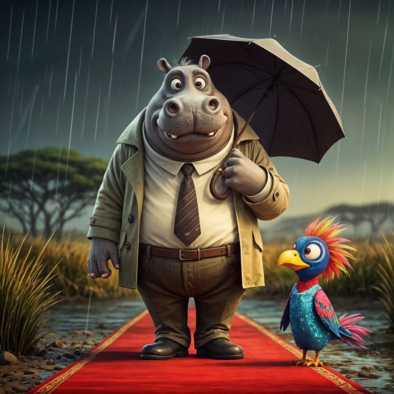 Cartoon Hippo and Bird in Stop-Motion Animation Style