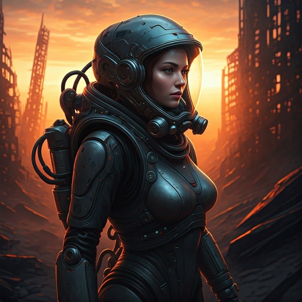 Sleek Female Explorer Discovers Urban Ruins in Sunset Glow