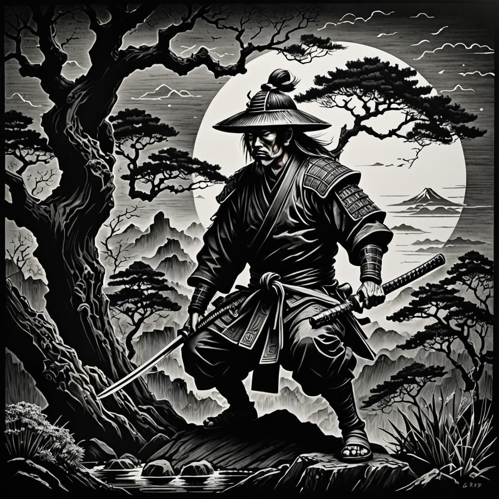 High Contrast Samurai Scratchboard Art with Bonsai