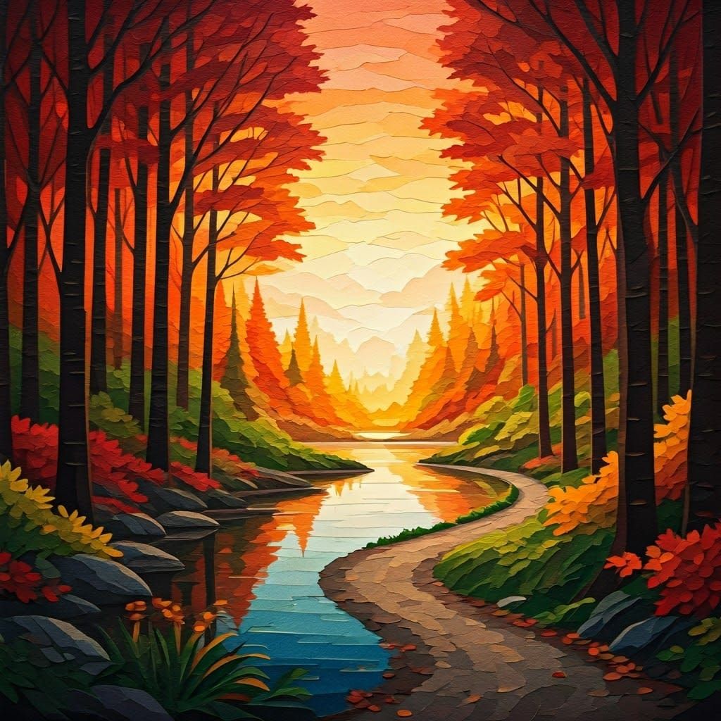 Vibrant Autumn Forest Paper Collage with Lake Reflection