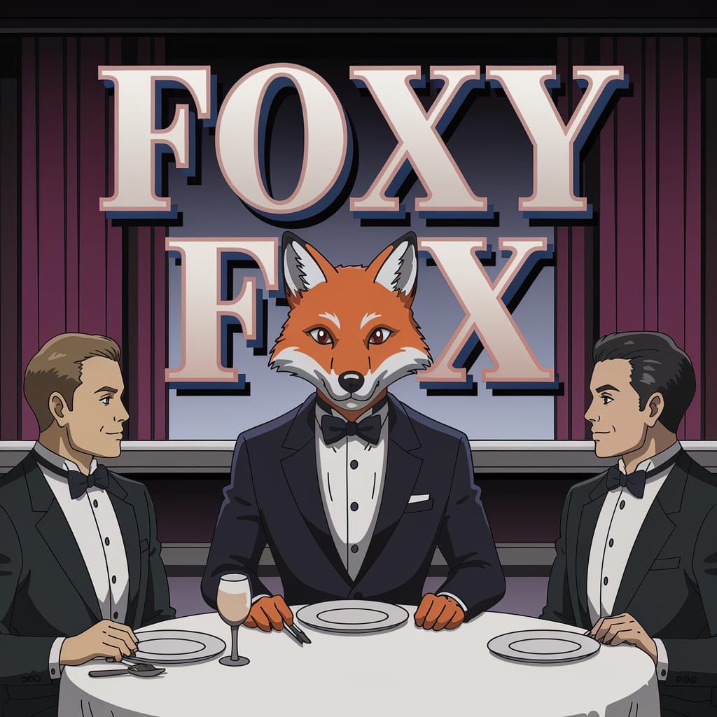 Text that says foxy Fox in a large 3d raised bold fancy classic serif sleek font with a textured fill. A stylish anthrop...