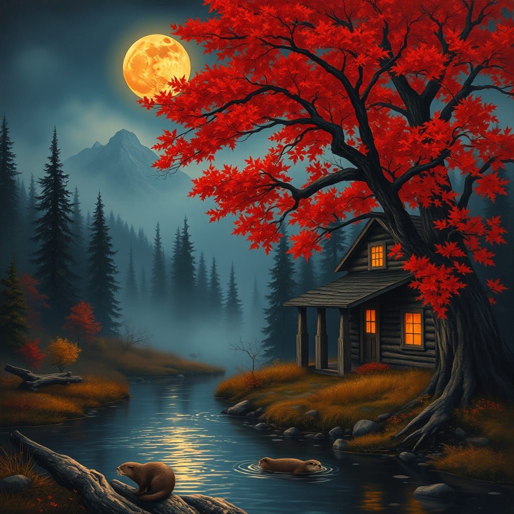 Surreal Autumn Cabin Under a Fiery Full Moon