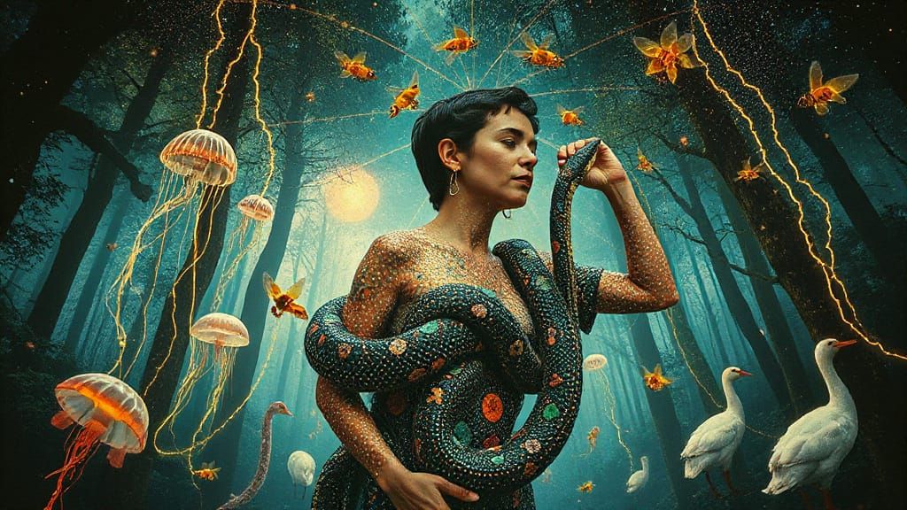 Surreal Bio-Art Woman in Trance Embraces Snake