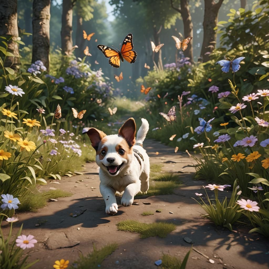 Happy Puppy Chasing Butterfly in 3D Cinematic Style
