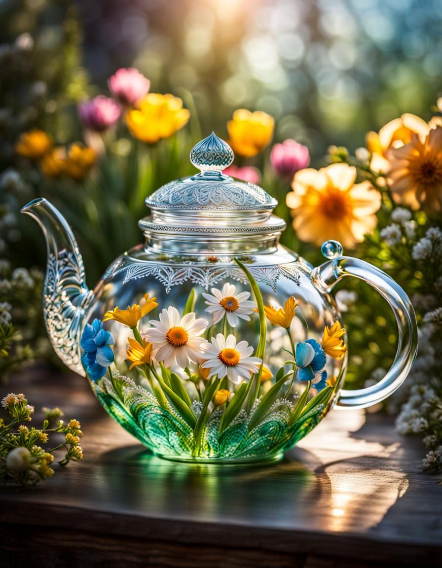 Glass Teapot in a Magical Spring Landscape