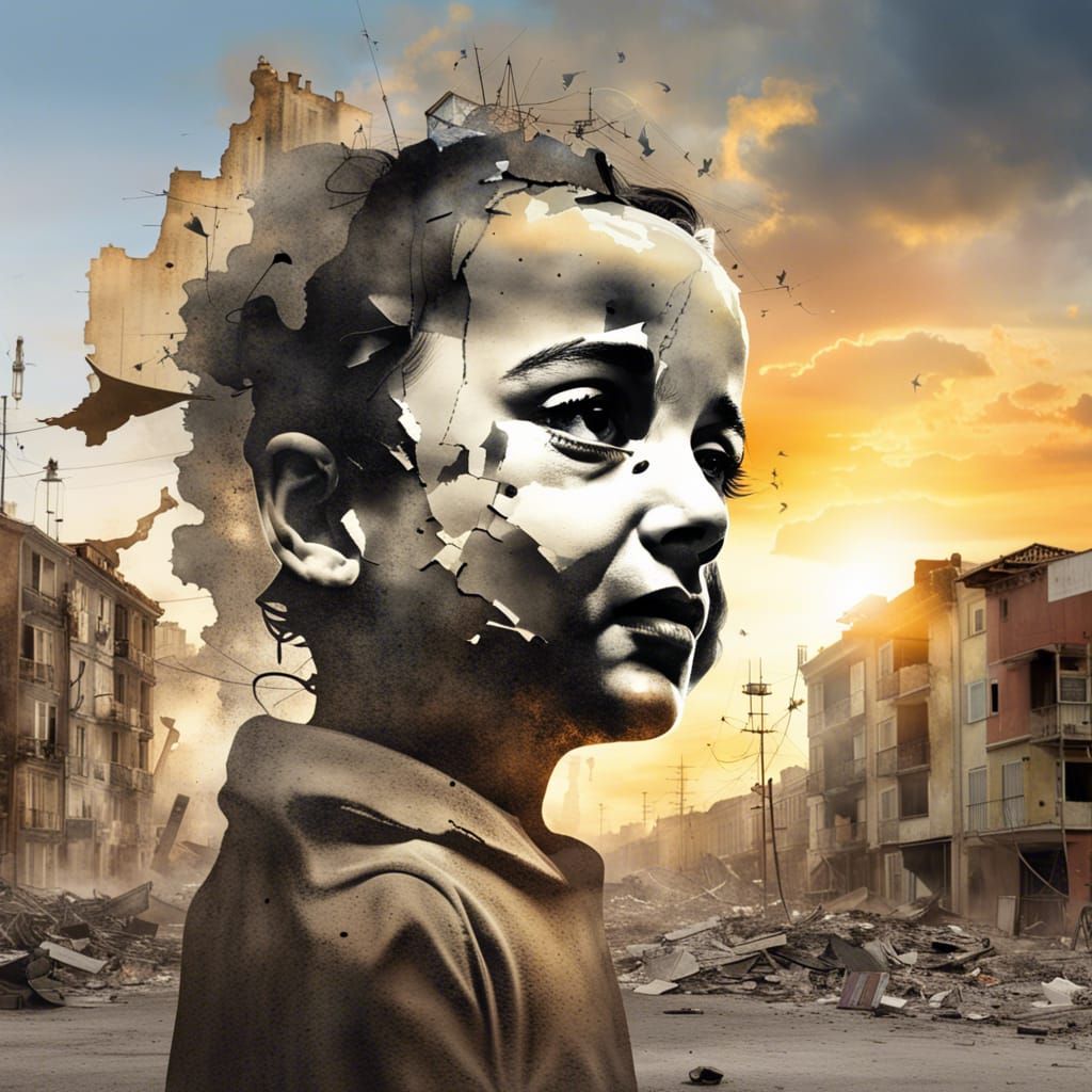 Surreal Faces Emerge from War-Torn Cityscape