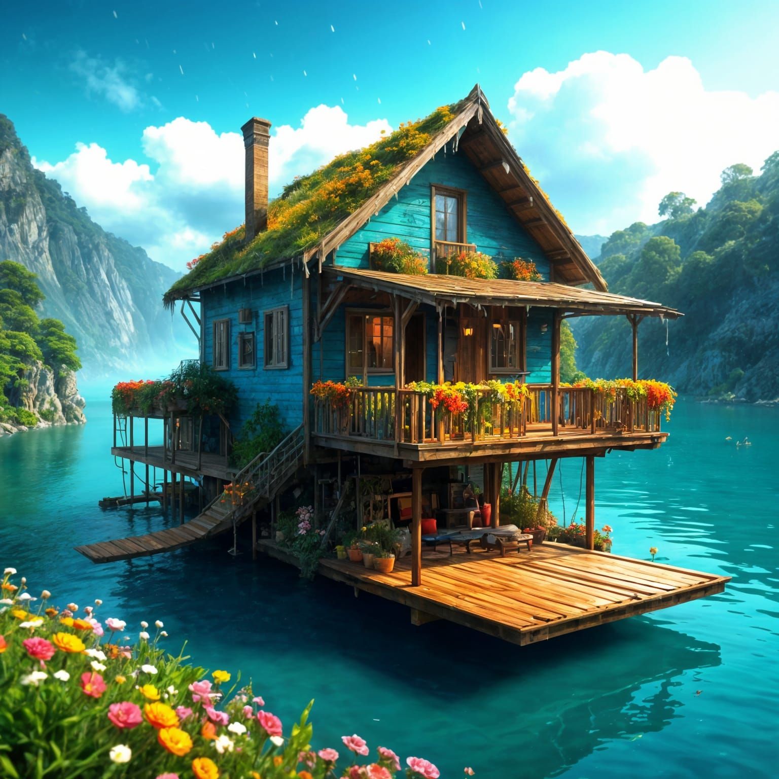 Floating House Oasis in Vibrant Rainy Atmosphere