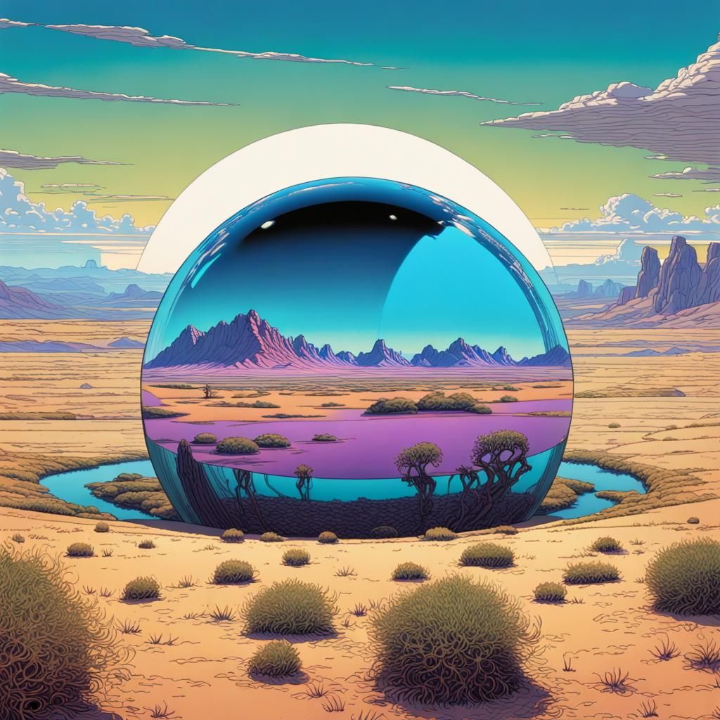Chrome Sphere over Desert Grasslands in Ligne Claire Style