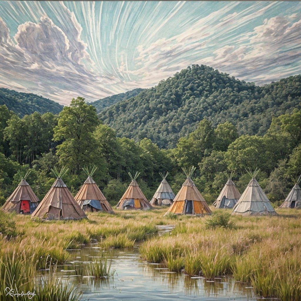 Ancient Mohawk Village in Grungy Oil Painting Style