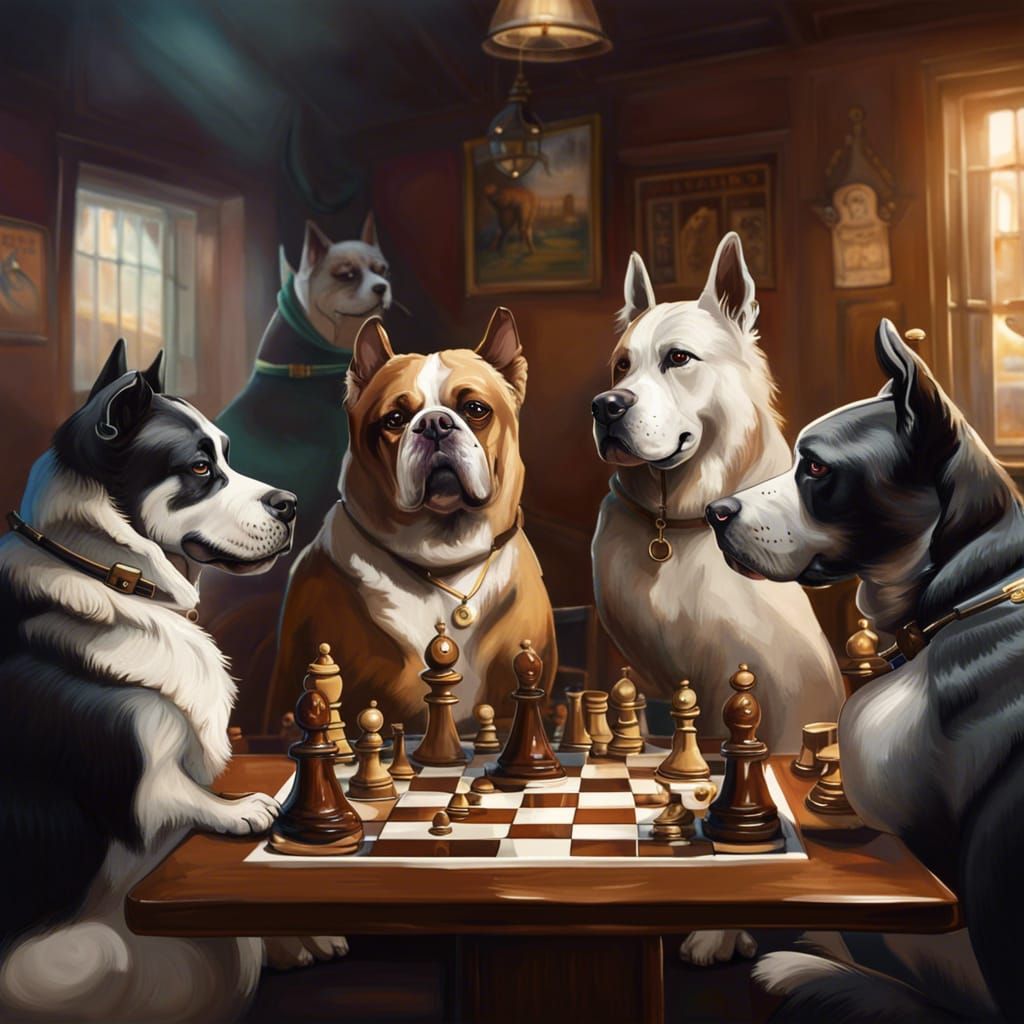 Dogs Playing Chess in English Pub, Hyperrealistic Art