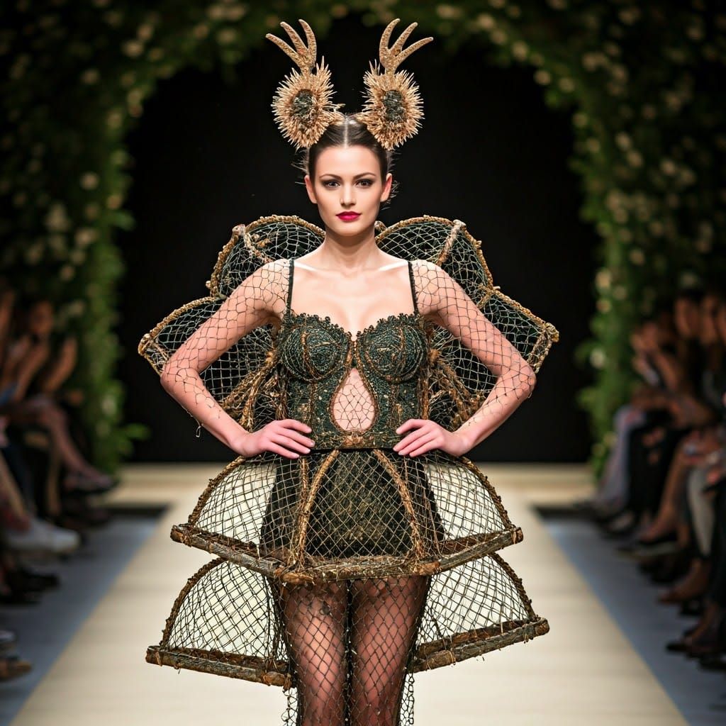 Model Struts Art Nouveau Crab Trap Couture Down Paris Catwal...