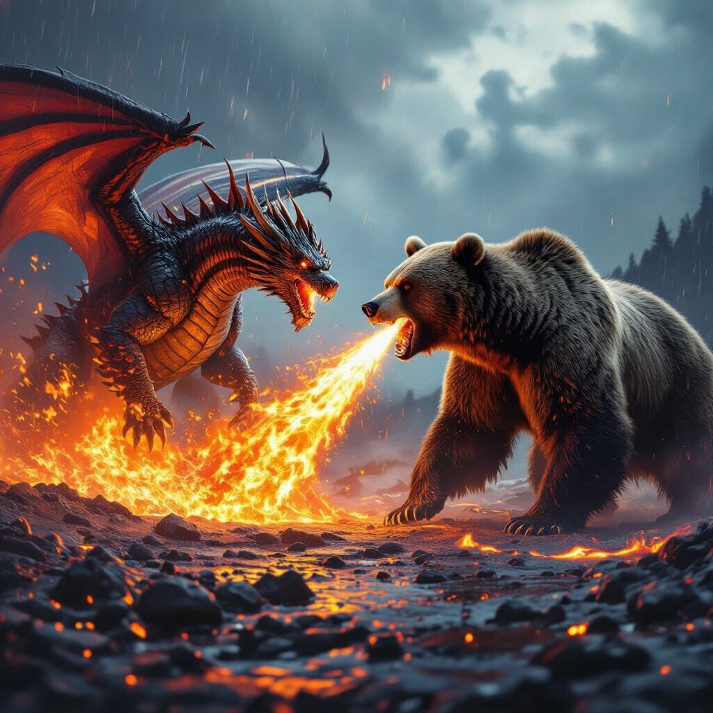 Dragon vs Bear Battle Over Lava in Rainy Cinematic Style