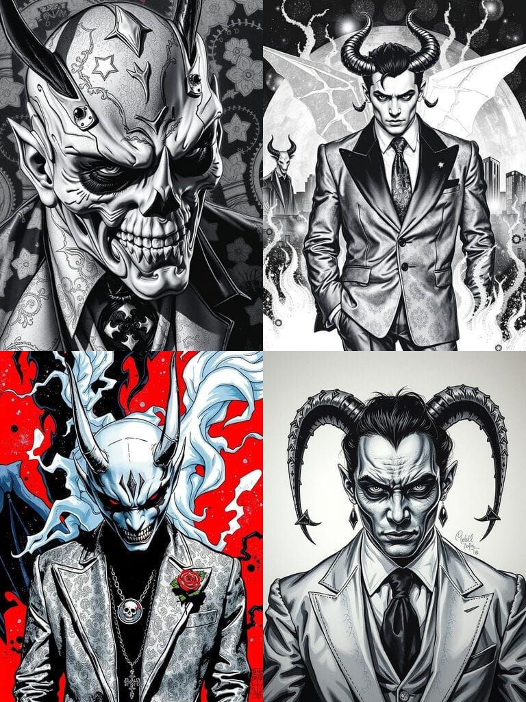 Cyberpunk Devil in Frosty Silver Brocade Suit