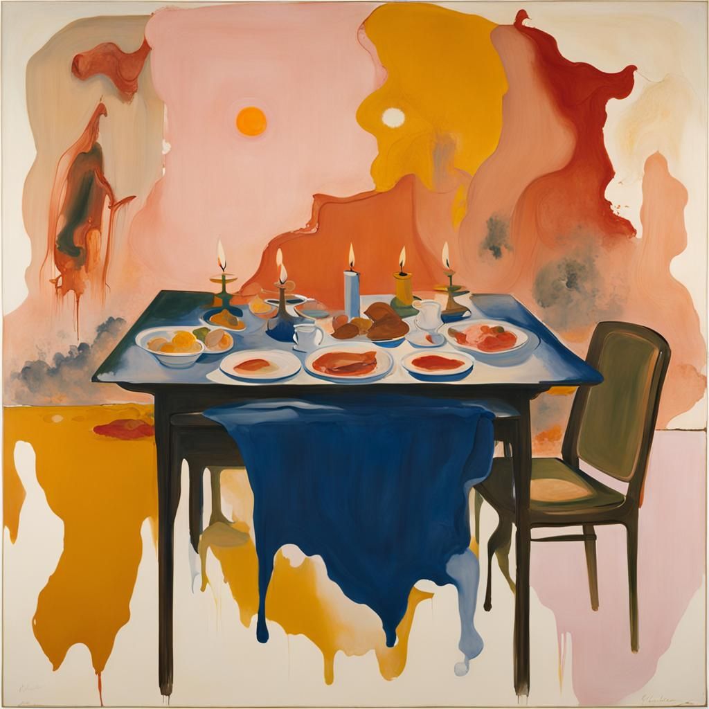 God and Satan Share Dinner: Surreal Oil Painting