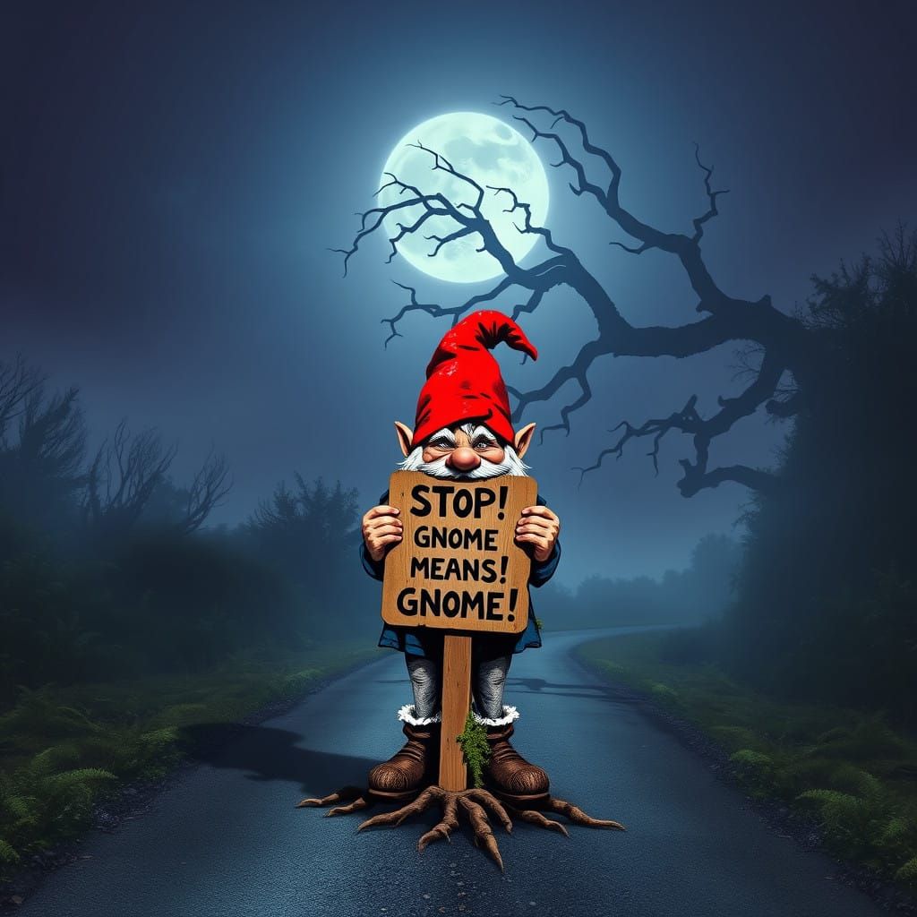 Mystic Gnome Road Sign in Whimsical, Cyberpunk Style