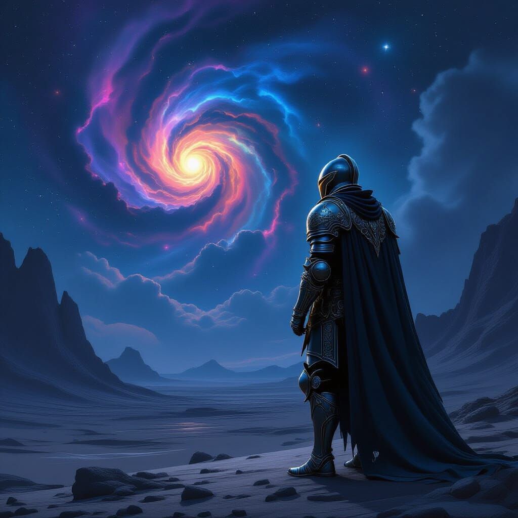 Knight Gazes at Cosmic Nebula on Alien World