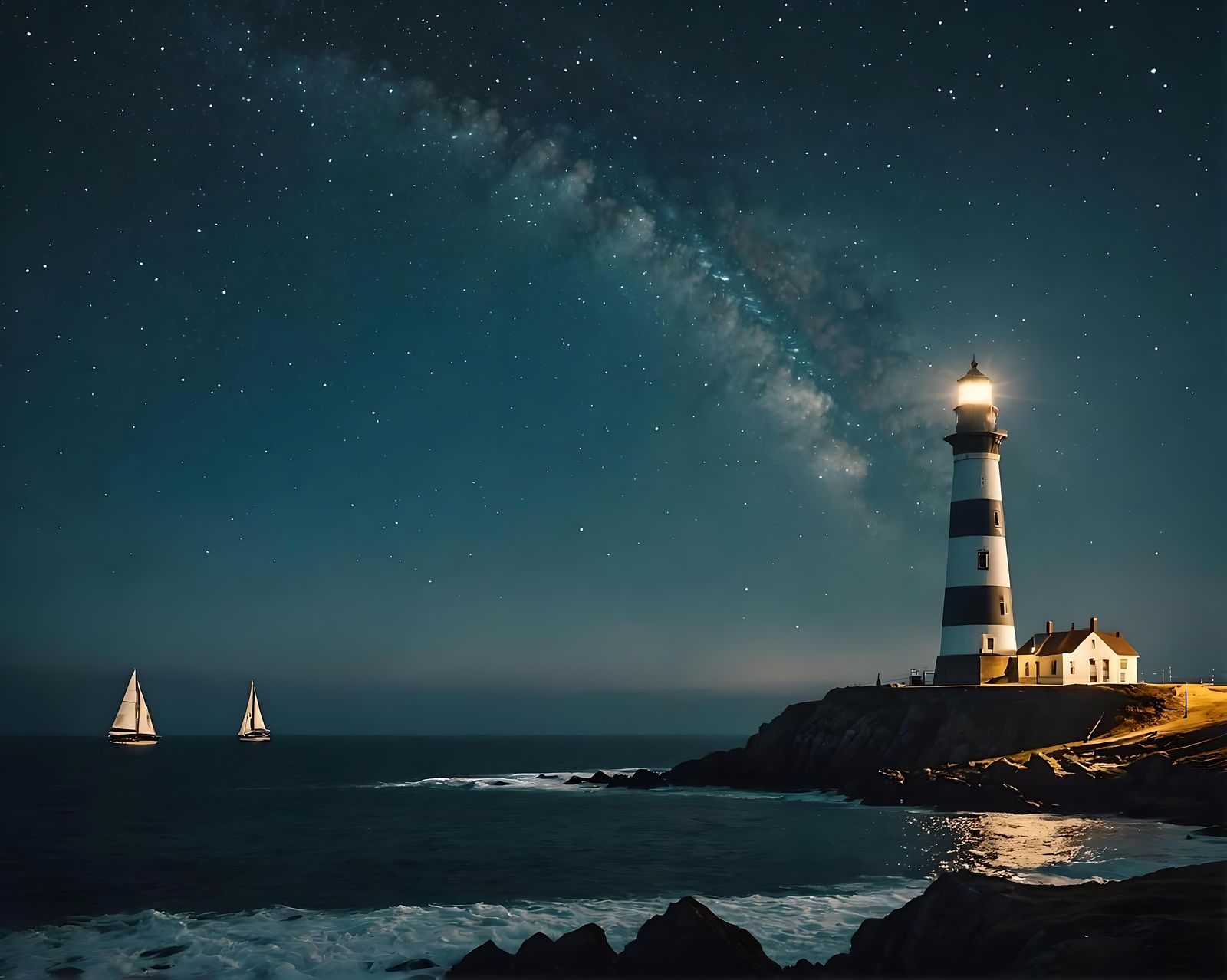 Epic Lighthouse on Sea Promontory at Night