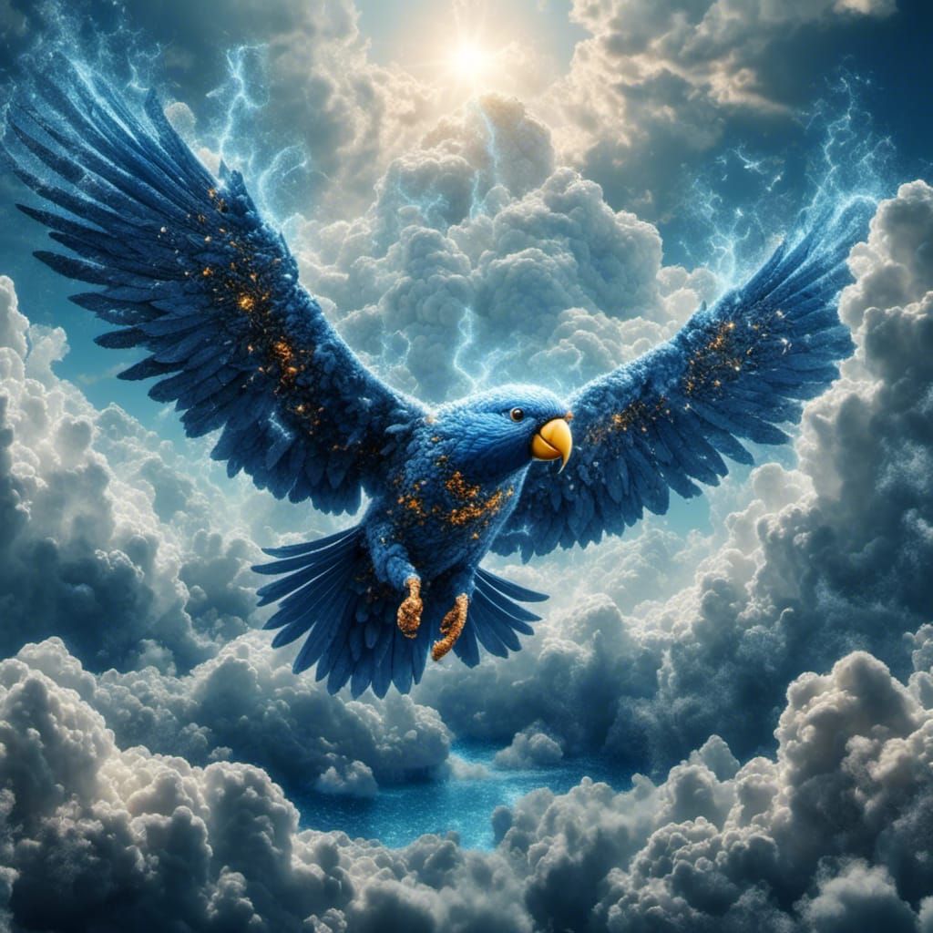 Majestic Blue McCaw Soars Amidst Celestial Clouds