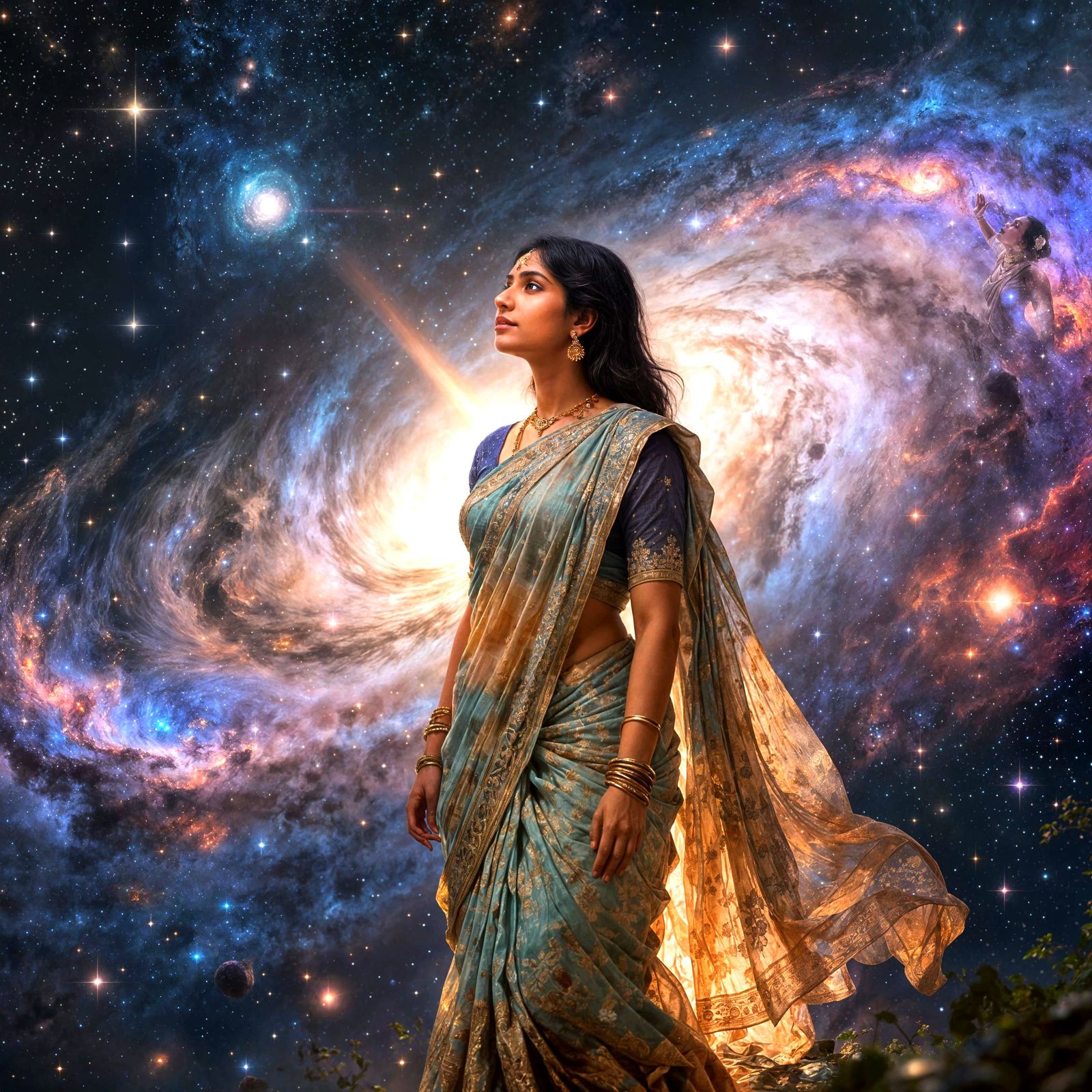 Ethereal Indian Woman in Cosmic Nebula Digital Matte Paintin...