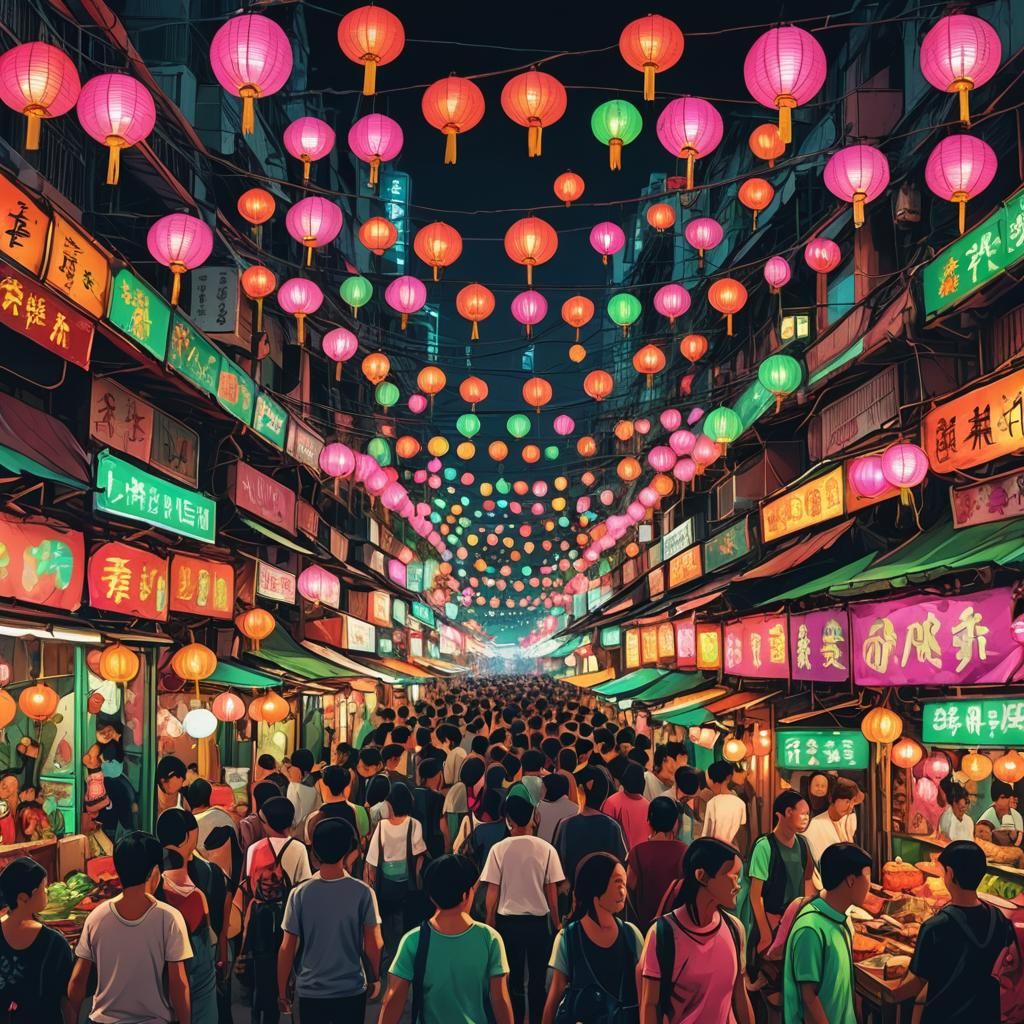 Vibrant Pop Art Night Market in Asia
