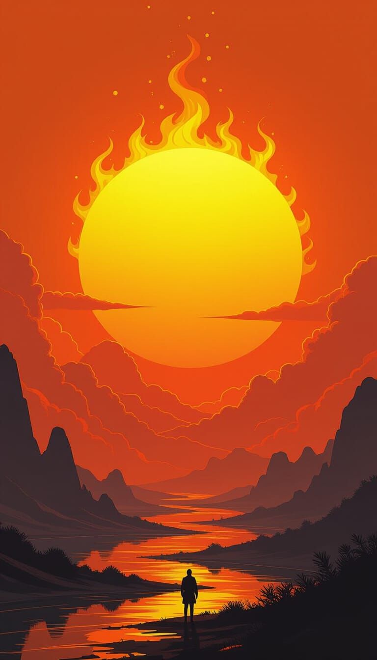 Blazing Orange Sun in Futuristic Dreamscape