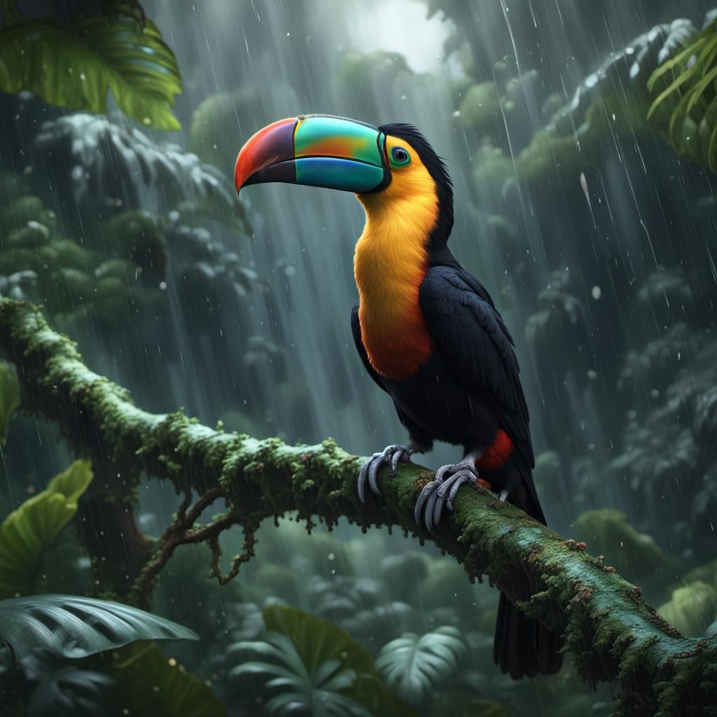 Toucan sitting on a tree branch, in a rain forest