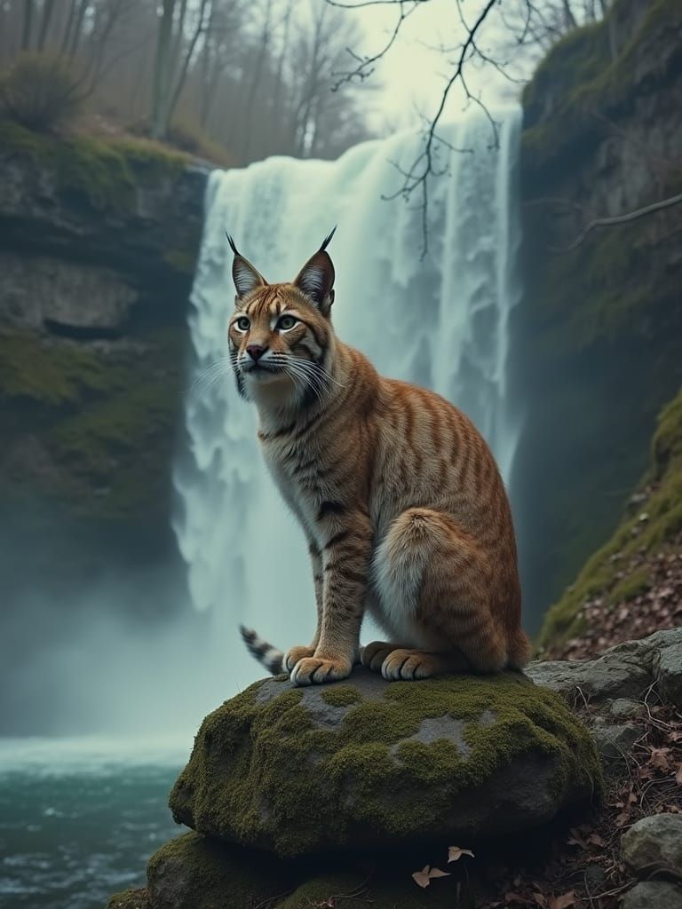Bobcat on Rock Above Waterfall in Daniel Boone Forest