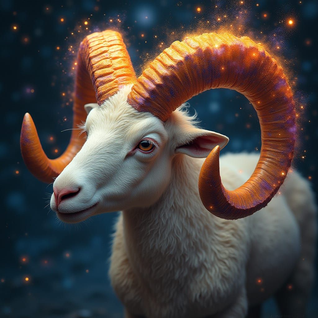 Celestial Aries Ram with Galaxy Horns in Surreal Style