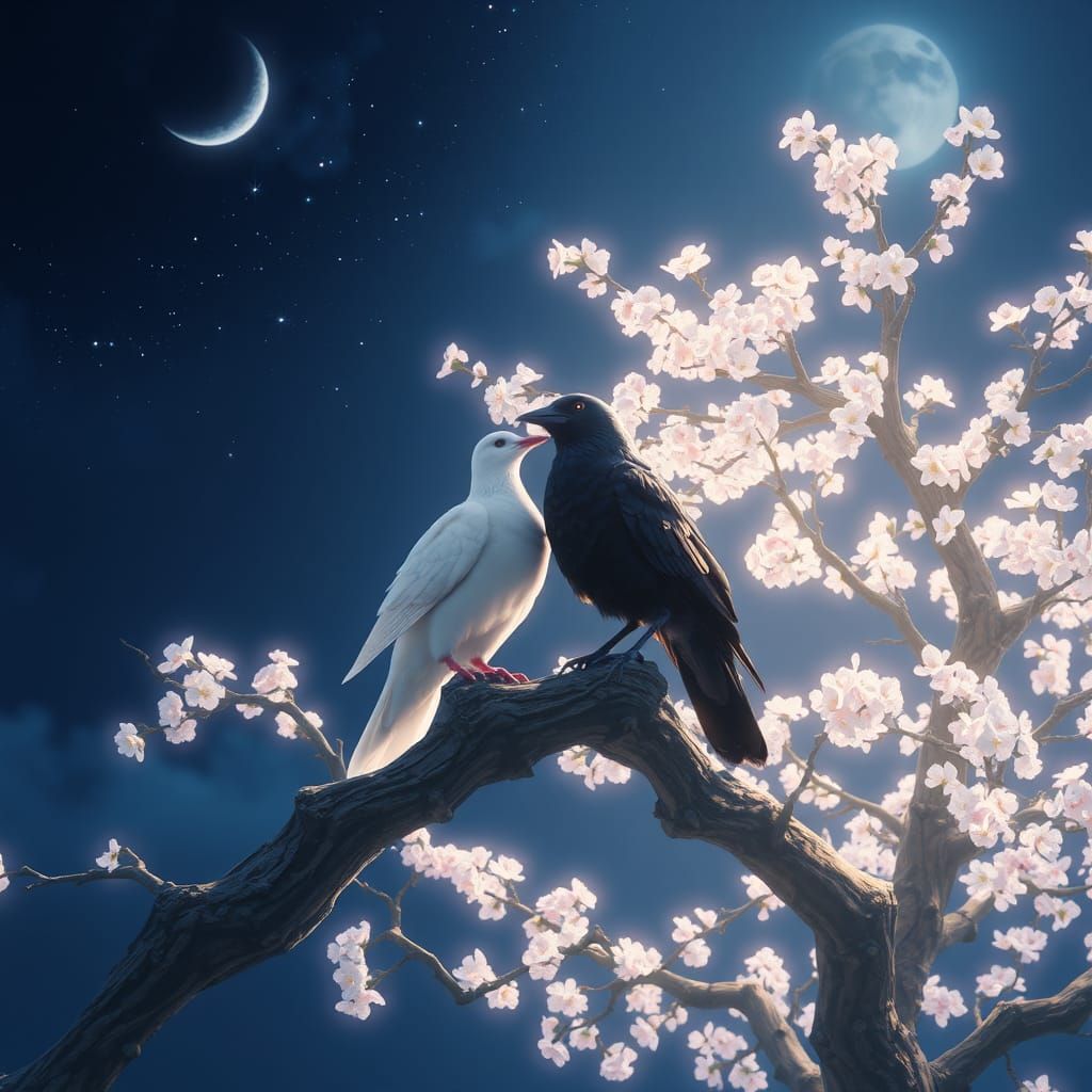Dove and Crow Under Glowing Tree, in 3D Anime Style
