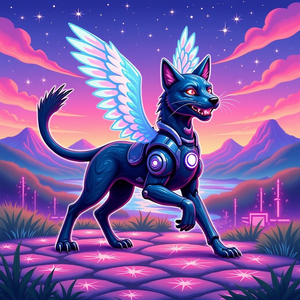 A cybernetic chimera with the head of a wolf, the body of a ...