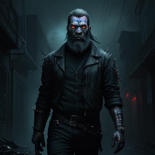 Biopunk Man with Smoke Beard in Dark Alley