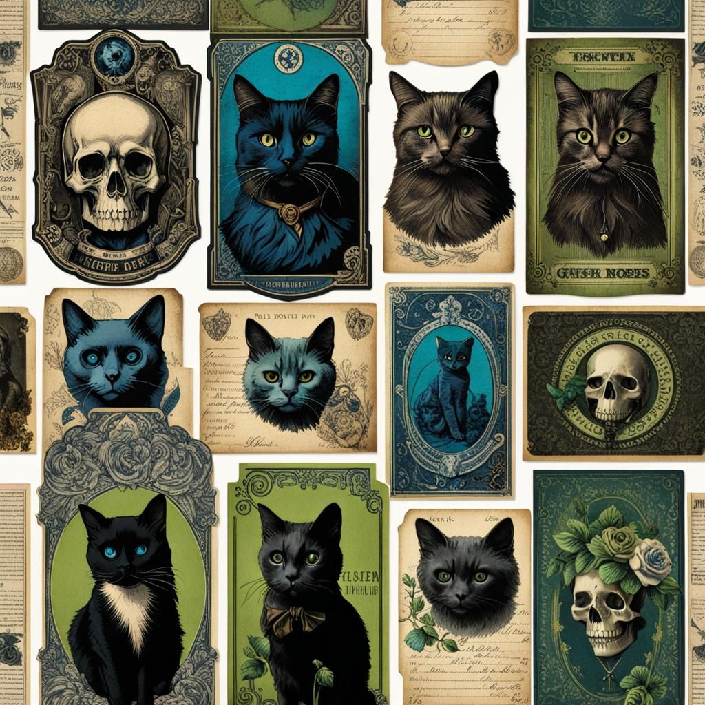 Steampunk Gothic Ephemera Collage with Cats and Roses