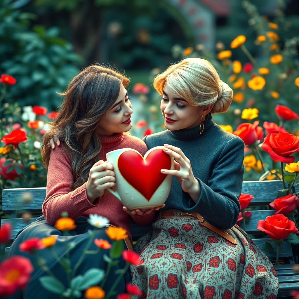 Cute Lovers in Flower Garden, Detailed Digital Art