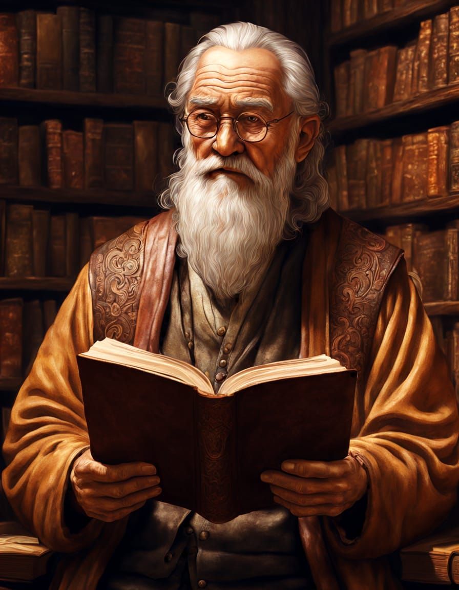 Wise Man Reading in Library Concept Art
