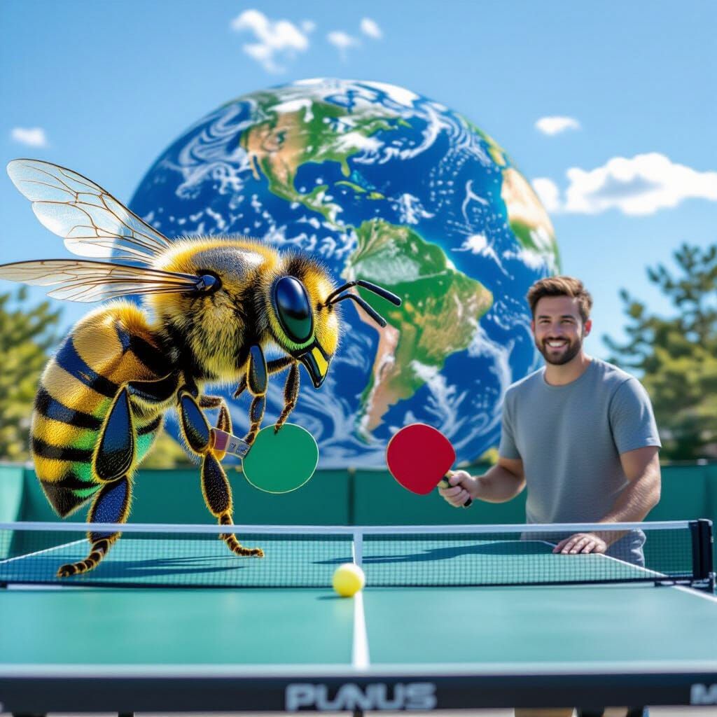 Gigantic Bee Plays Ping Pong with Person