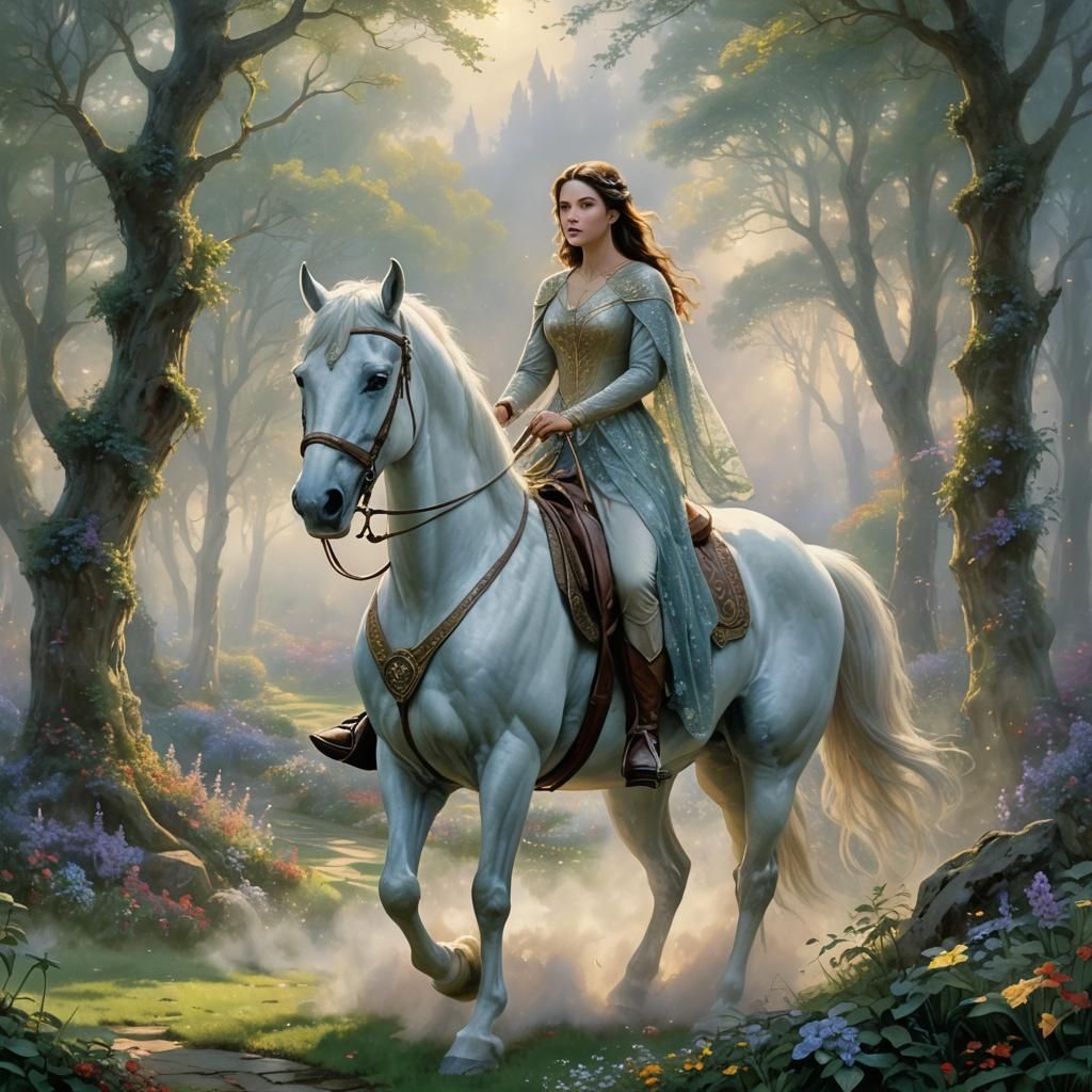 Arwen on White Horse in Ethereal Fantasy Style