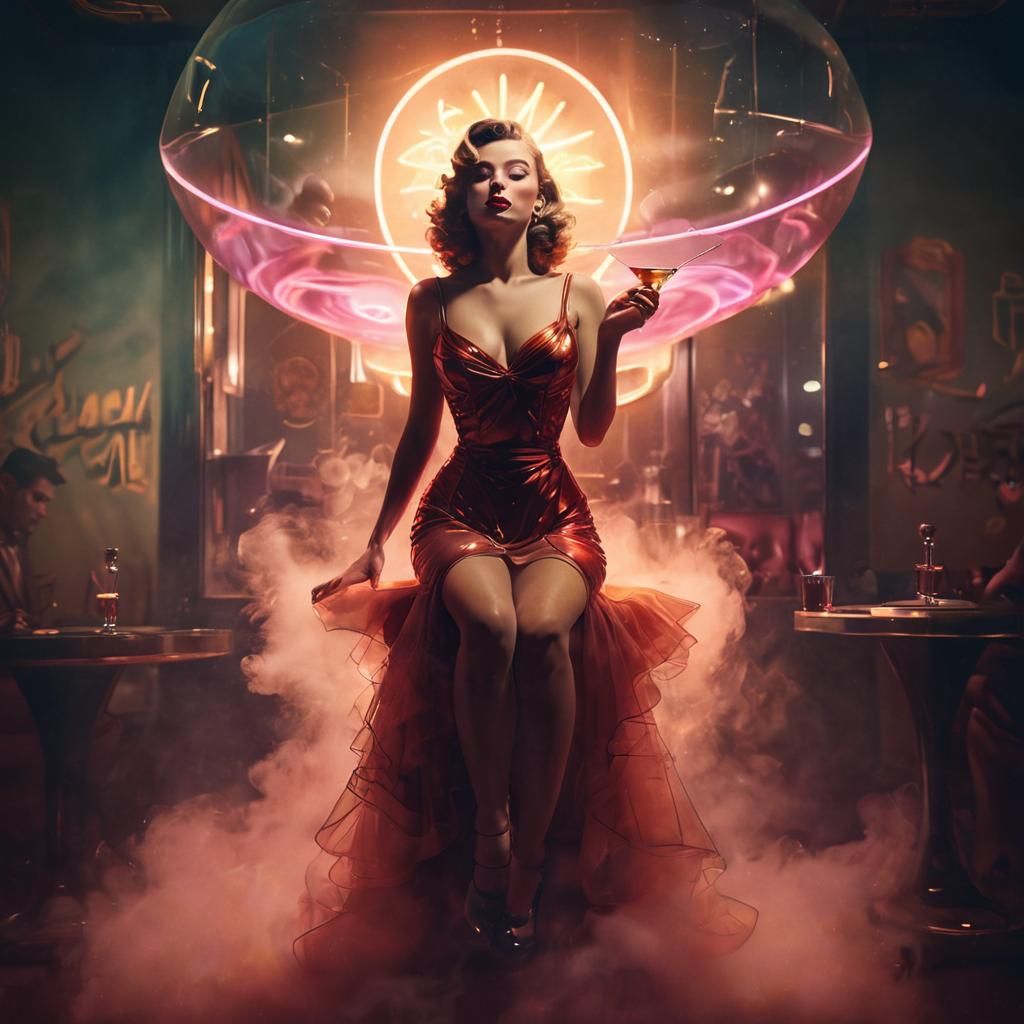 Surreal 1940s Pin Up Girl in Smoky Jazz Club, Inspired by Da...