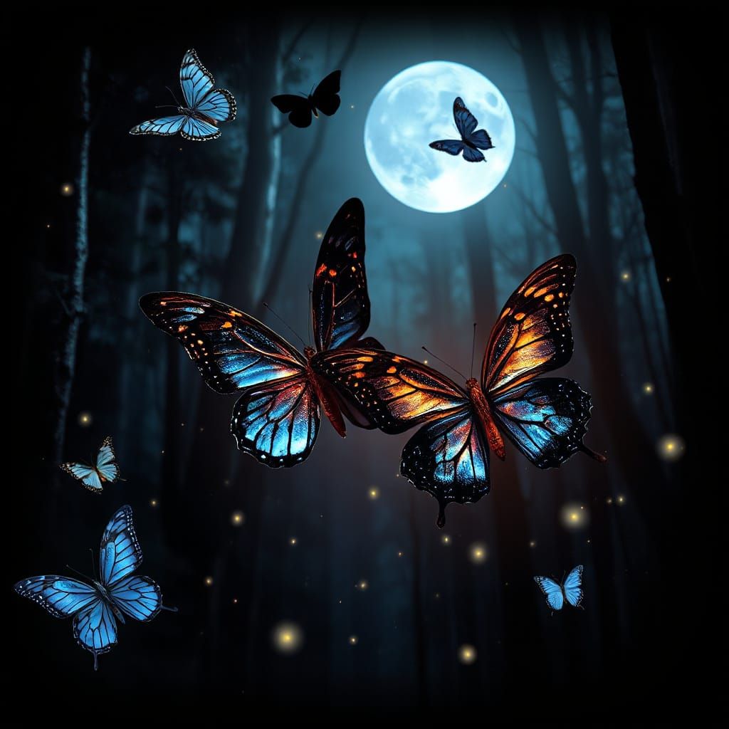 Iridescent Butterflies in Moody Forest: Dreamy Textured Art