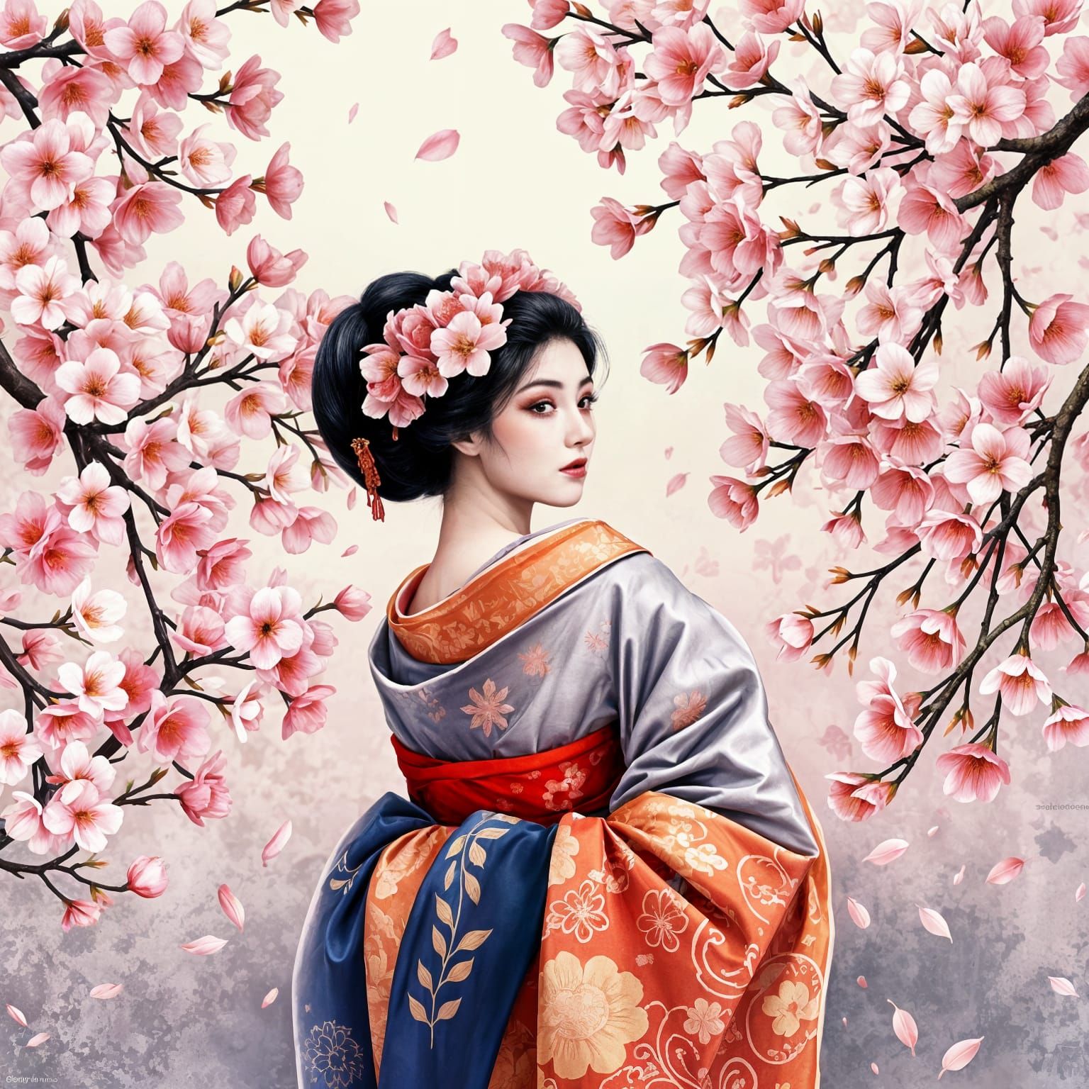 Geisha in Cherry Blossoms: Japanese Art