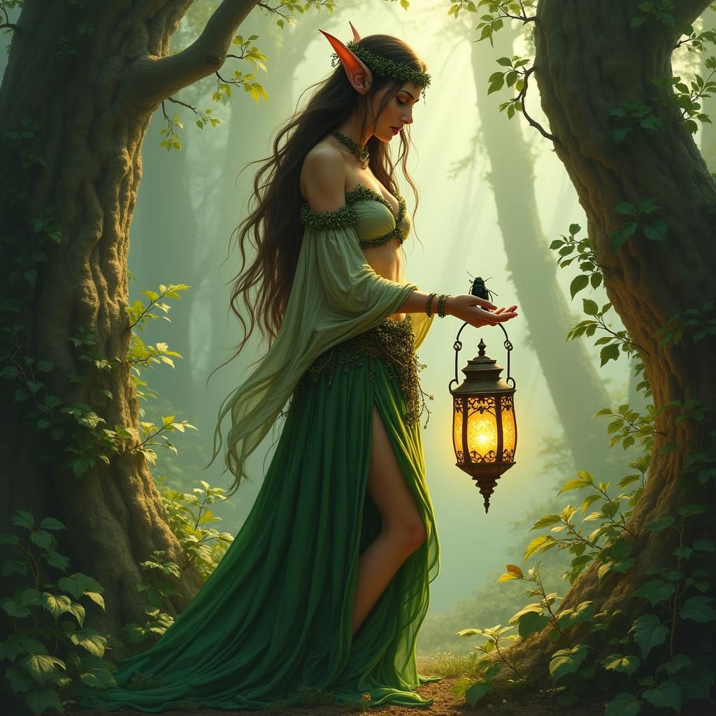 Druid in Forest with Lantern, Mystical Illustration