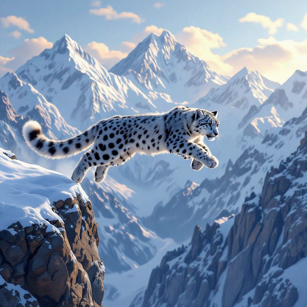 Snow Leopard Leaps in Himalayas: Hyperrealistic Digital Art