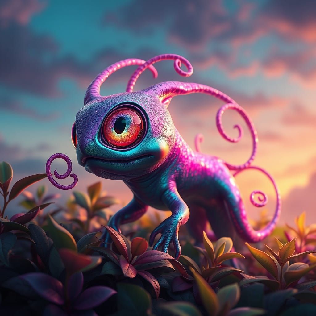 Iridescent Lizard in Whimsical, Fantastical Landscape