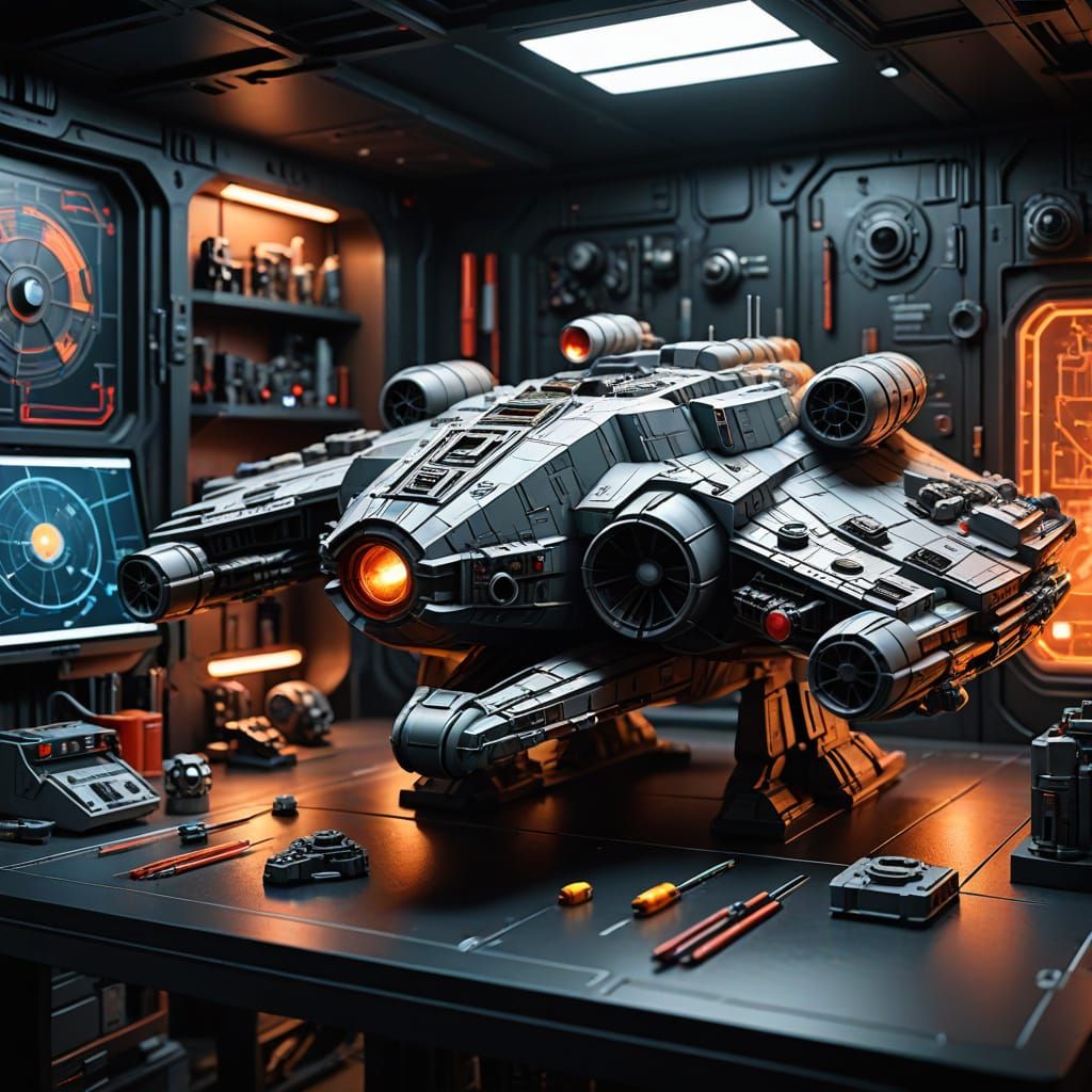 A Masterpiece Millennium Falcon Model in a Futuristic Worksh...