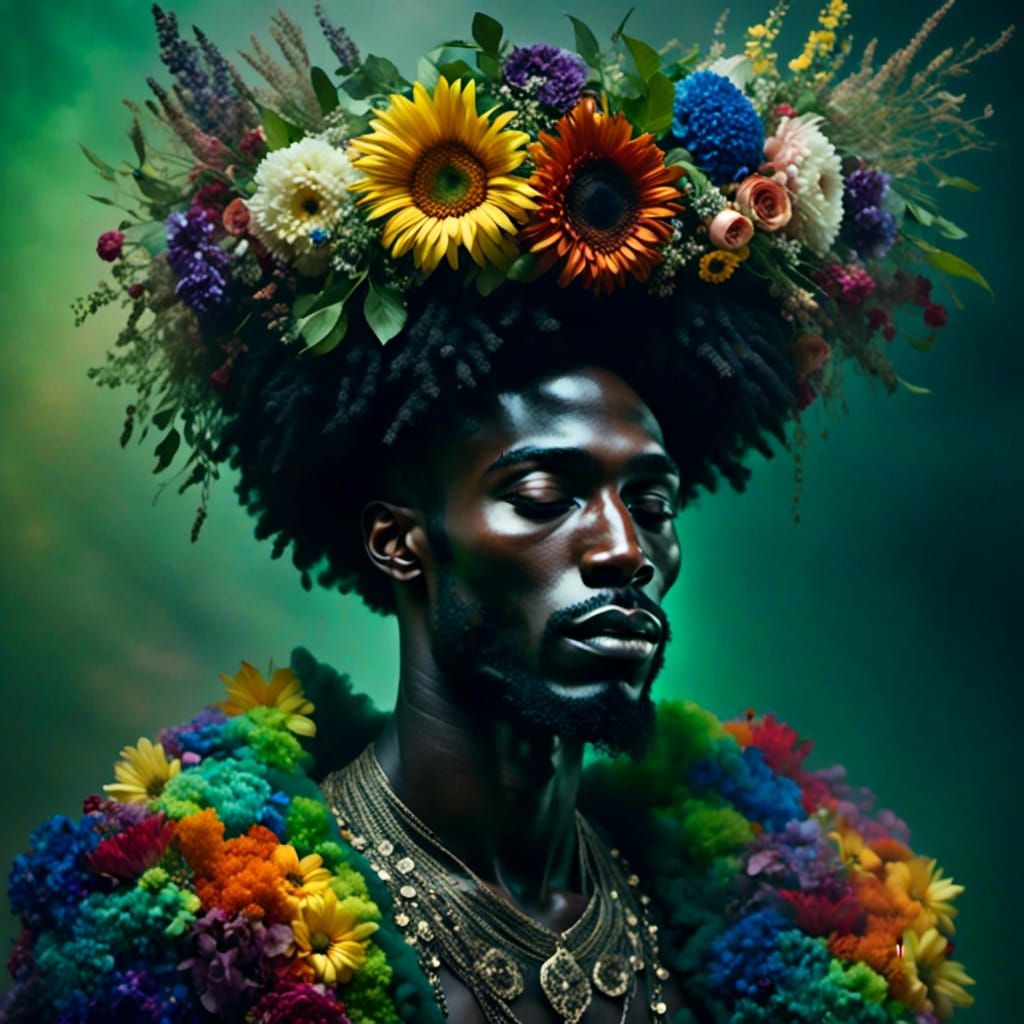 Black Man with Flower Crown in Matte Painting Style
