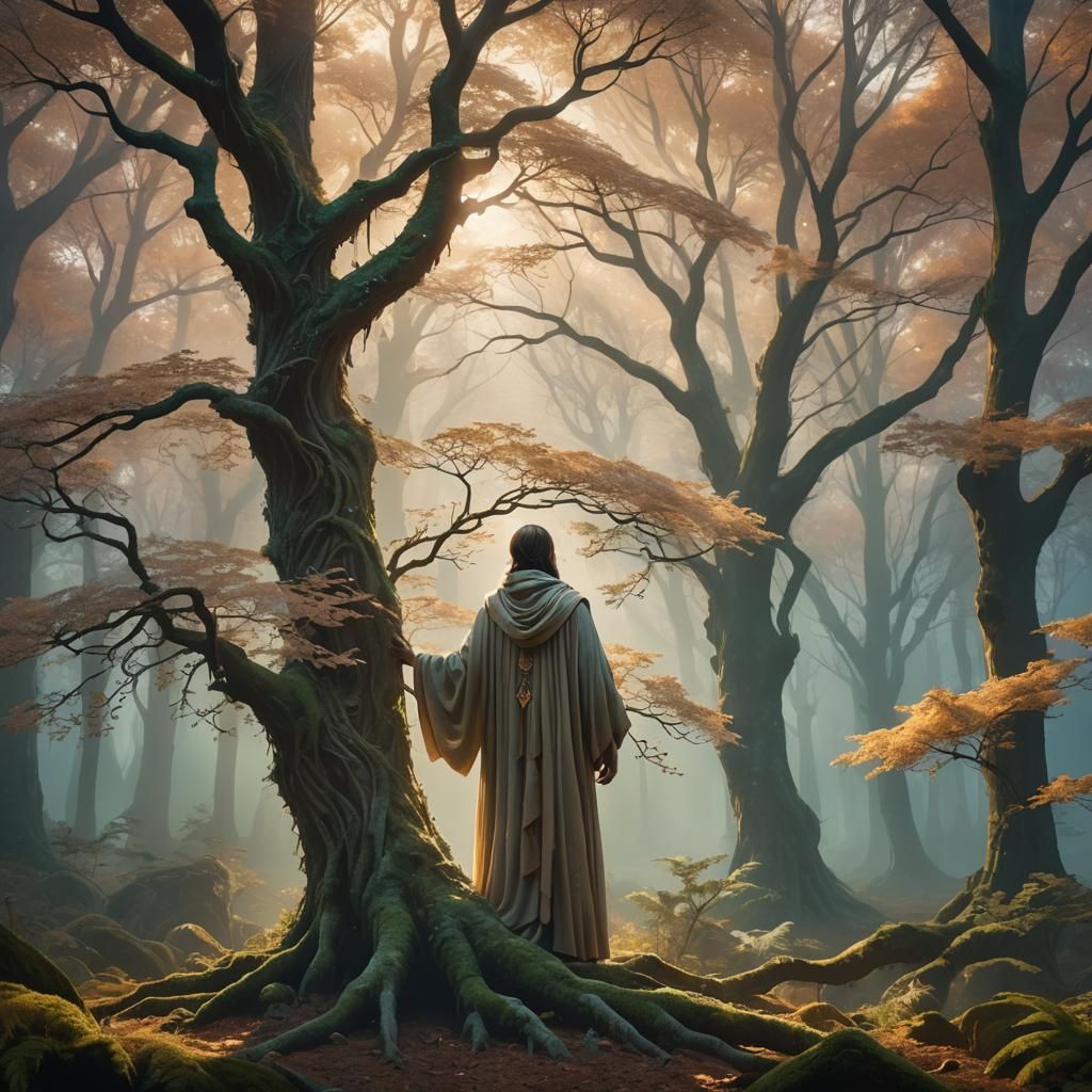 Ethereal Figure Embracing Luminous Tree in Art Nouveau