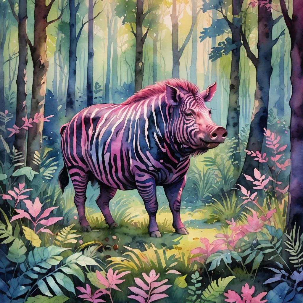 Pink Striped Boar in Watercolor Forest